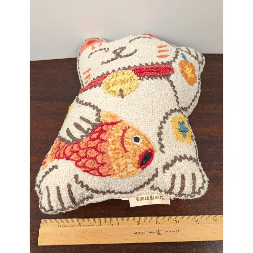 World Market Lucky Maneki Neko Cat Throw Pillow Embroidered Fish Bell White 12